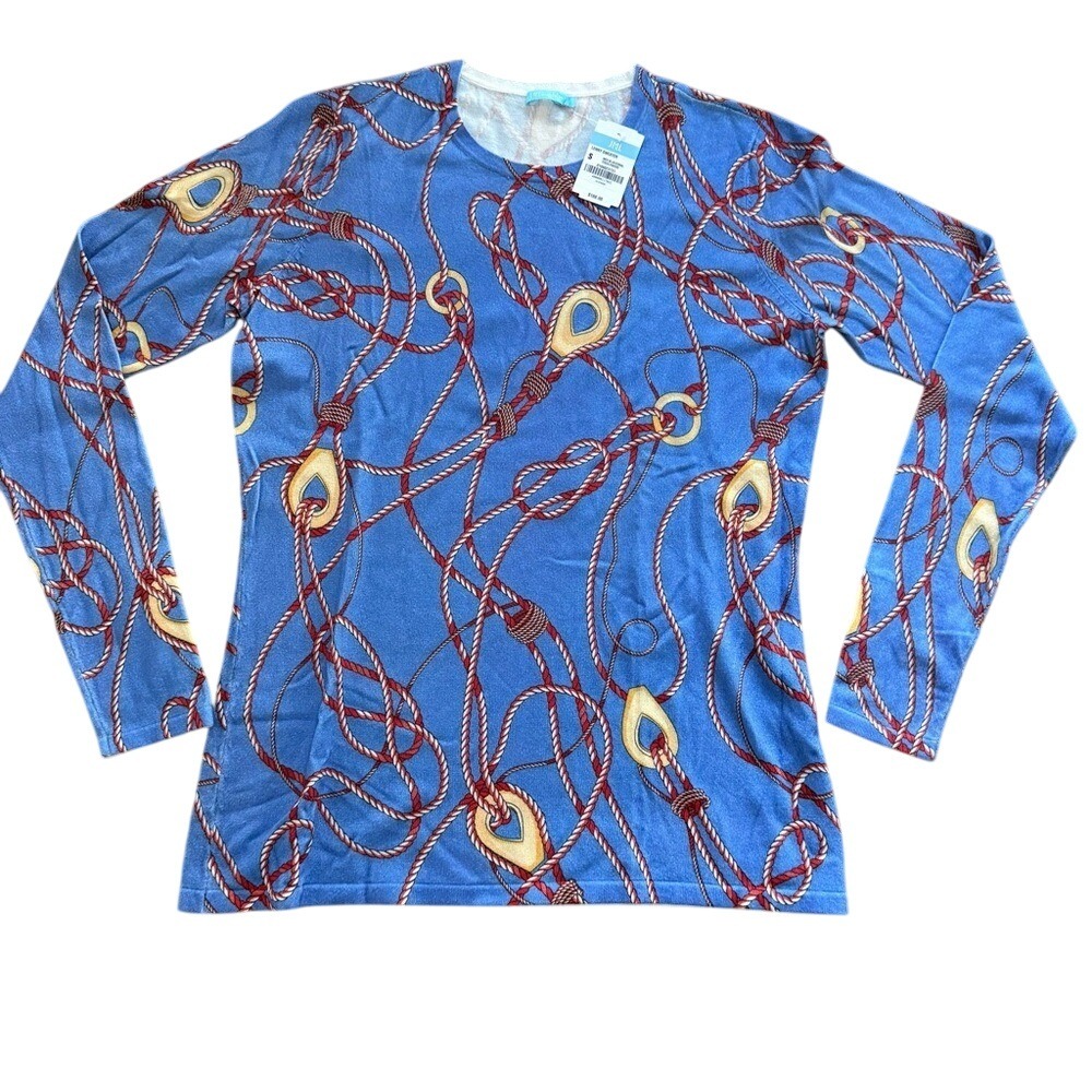 J. McLaughlin Lenny Sweater Blue w/ Chain Design Cotton Modal‎ Stretch Small NWT